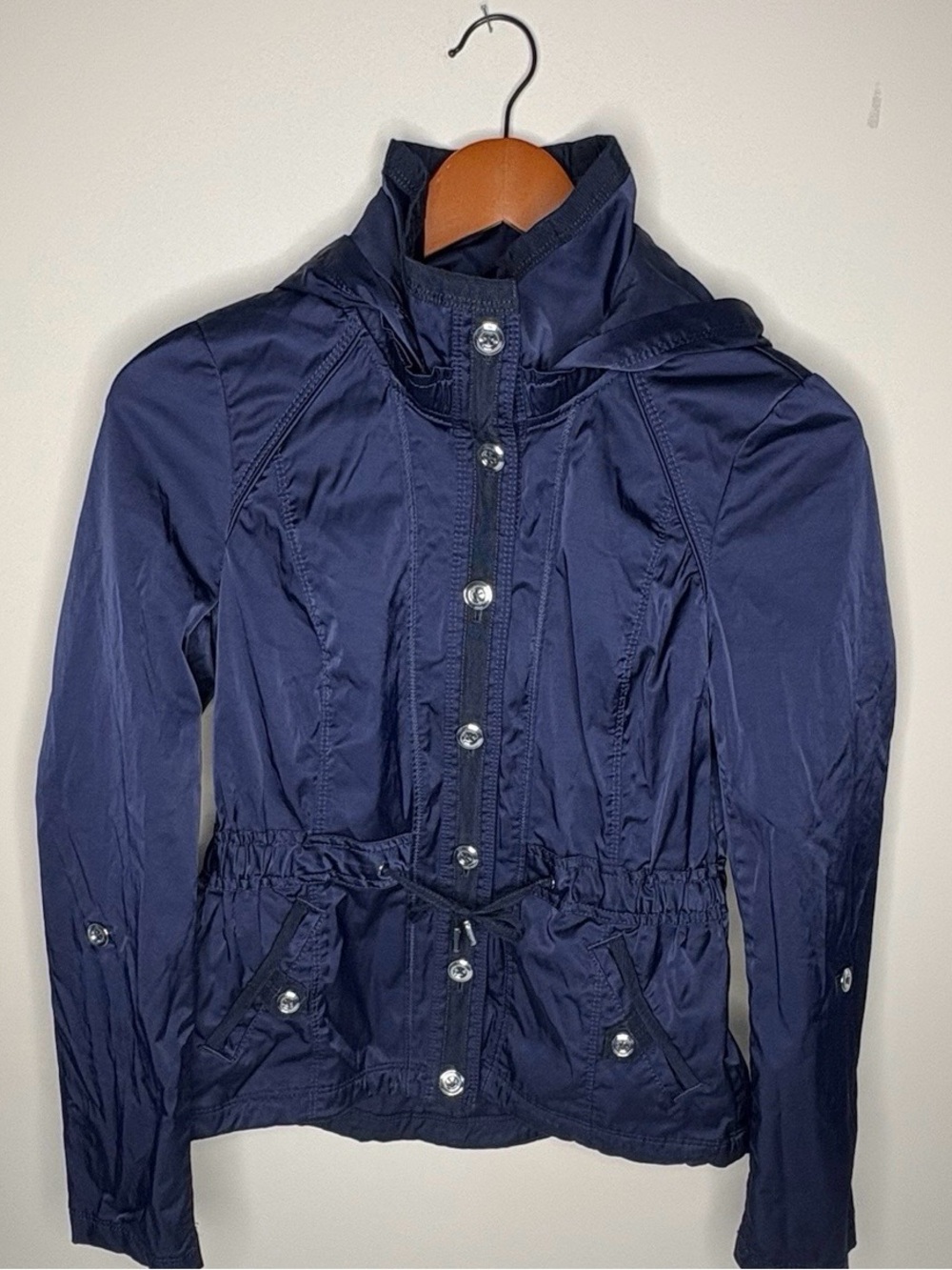White House Black Market Navy Hooded Utility Jacket
